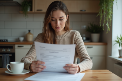 Femme lisant des papiers dans une cuisine moderne