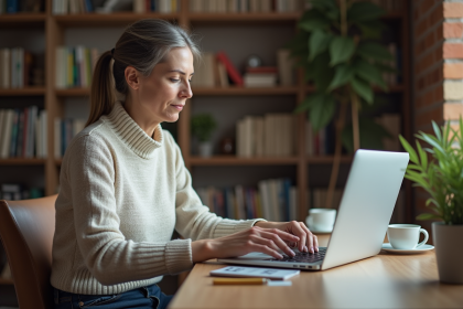 Femme lisant le journal officiel à domicile