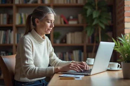 Femme lisant le journal officiel à domicile
