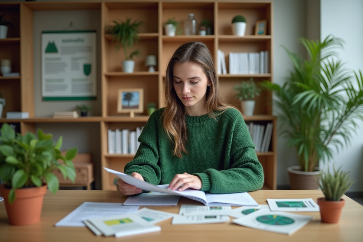 Jeune femme lisant une brochure sur l environnement en bibliothèque