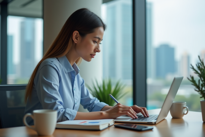 Femme d affaires analysant des graphiques marketing