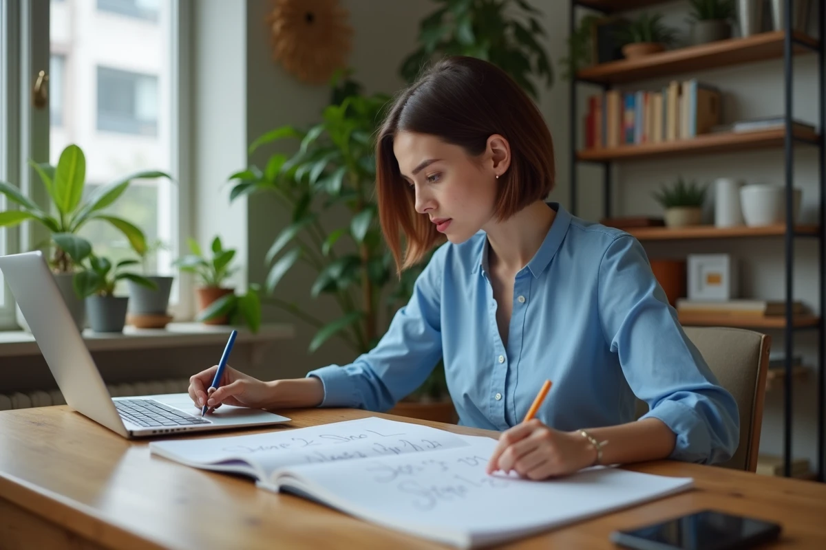 Jeune femme à la maison marquant un document étape par étape