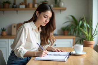 Jeune femme écrivant dans un agenda dans une cuisine lumineuse