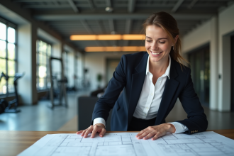 Femme en blazer planifiant dans un bureau fitness