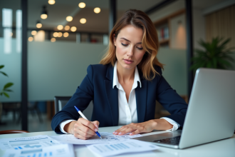 Femme professionnelle analysant des rapports dans un bureau moderne