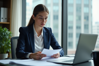 Femme en blazer bleu lisant des documents au bureau