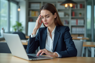 Femme en costume navy lisant un email au bureau