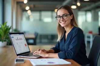 Jeune femme professionnelle travaillant sur un ordinateur dans un bureau lumineux