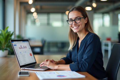 Jeune femme professionnelle travaillant sur un ordinateur dans un bureau lumineux