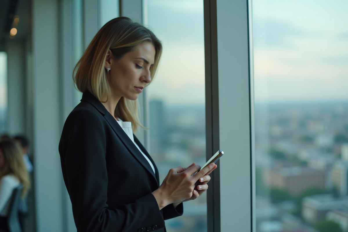 Femme professionnelle regardant son smartphone au bureau