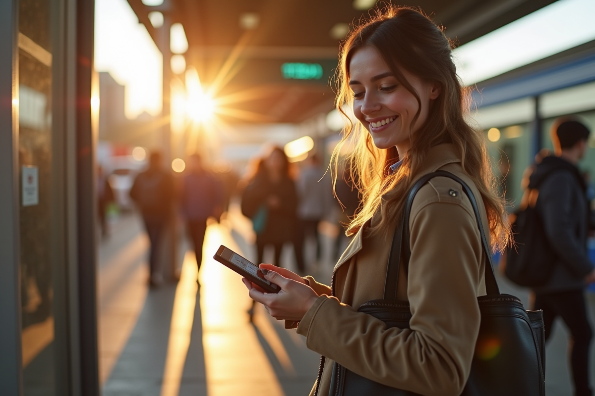 Jeune femme souriante utilisant sa carte de transport en heure dorée