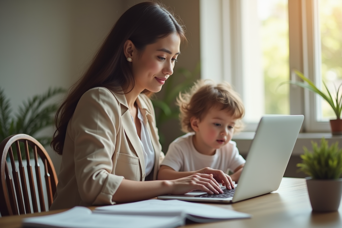 Femme professionnelle travaillant à domicile avec son enfant