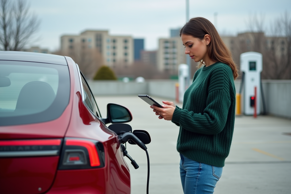 Jeune femme avec voiture électrique consulte sa tablette en extérieur