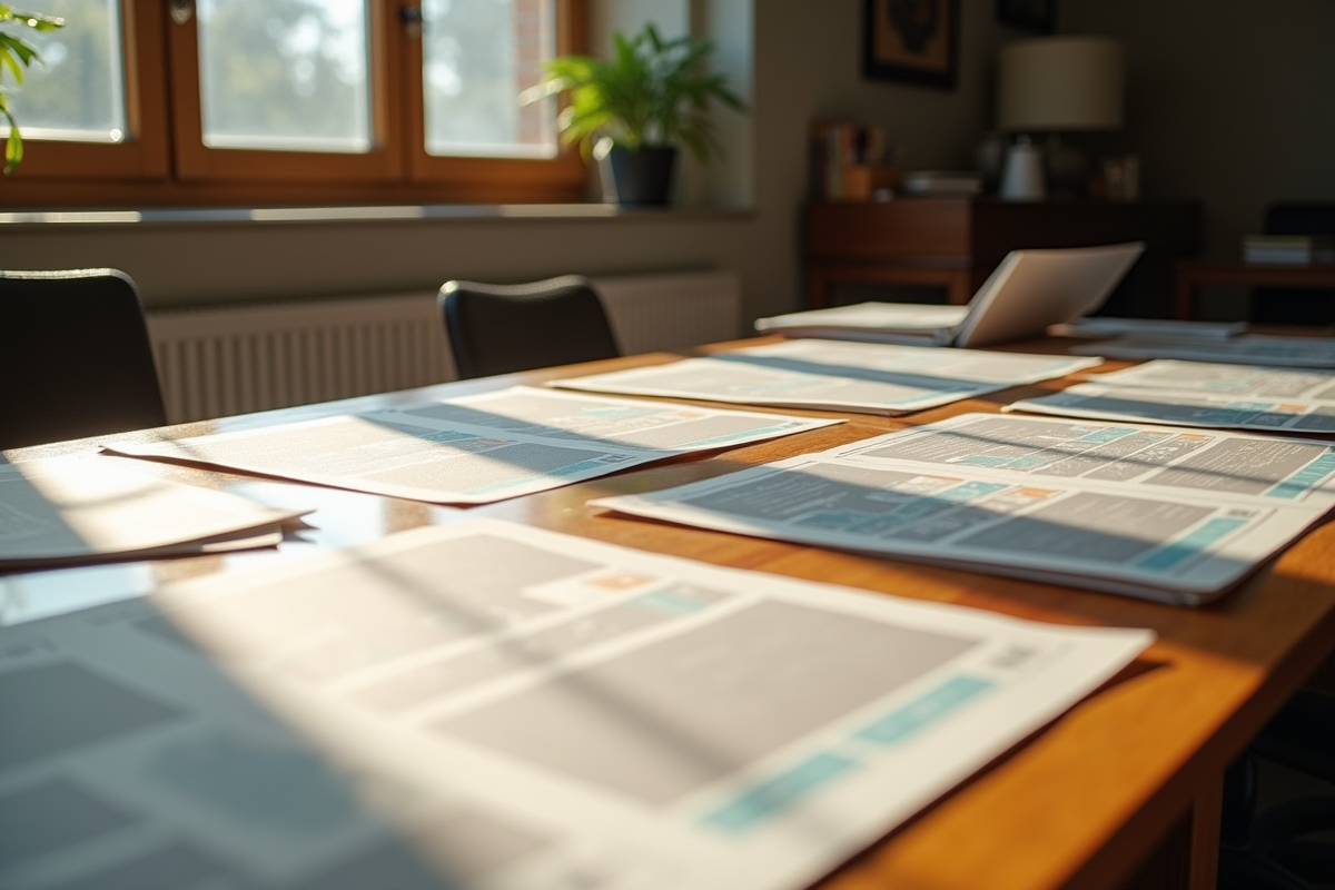 Espace de travail créatif avec flyers finis sur une table en bois