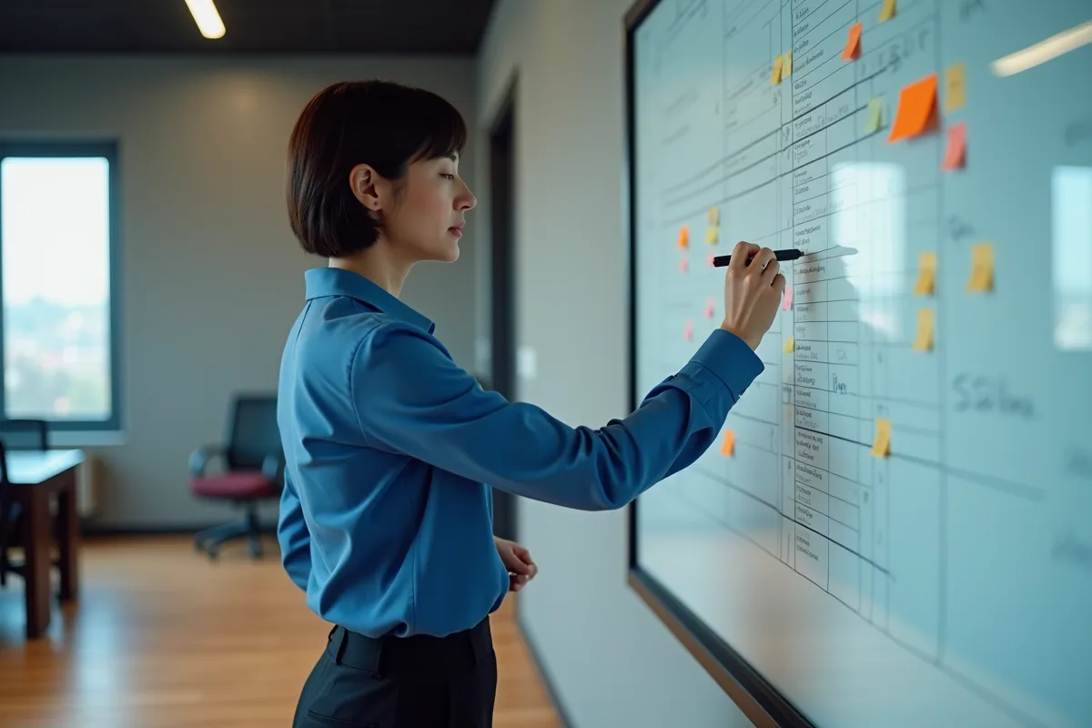 Manager opérationnel notant sur un tableau de gestion des risques