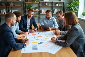 Groupe de professionnels autour d'un tableau de flux coloré