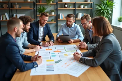 Groupe de professionnels autour d'un tableau de flux color&eacute;