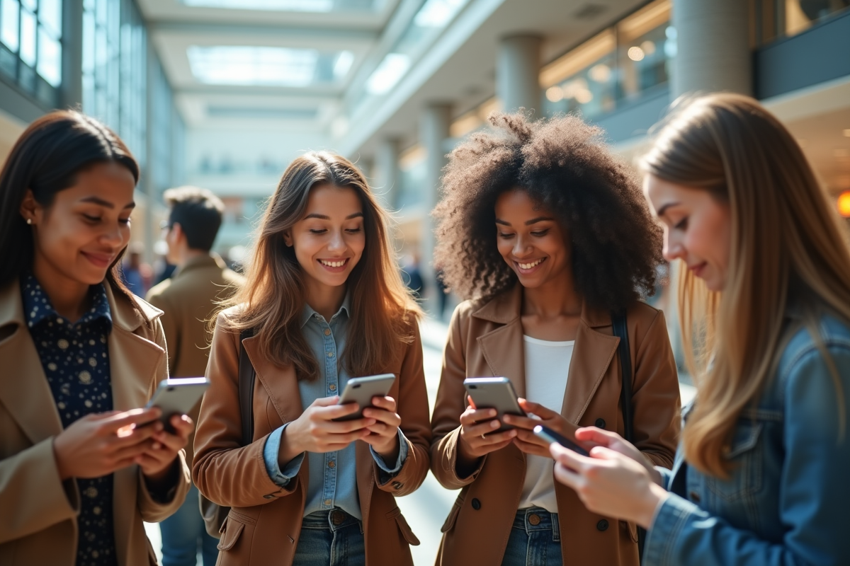 Groupe diversifié de personnes comparant des produits avec smartphones dans un centre commercial lumineux