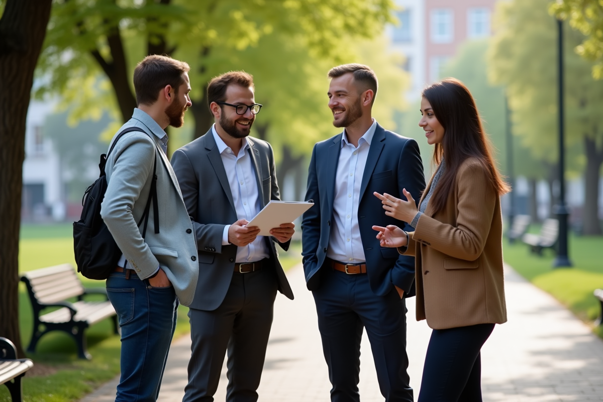 Groupe divers en discussion dans un parc en plein air