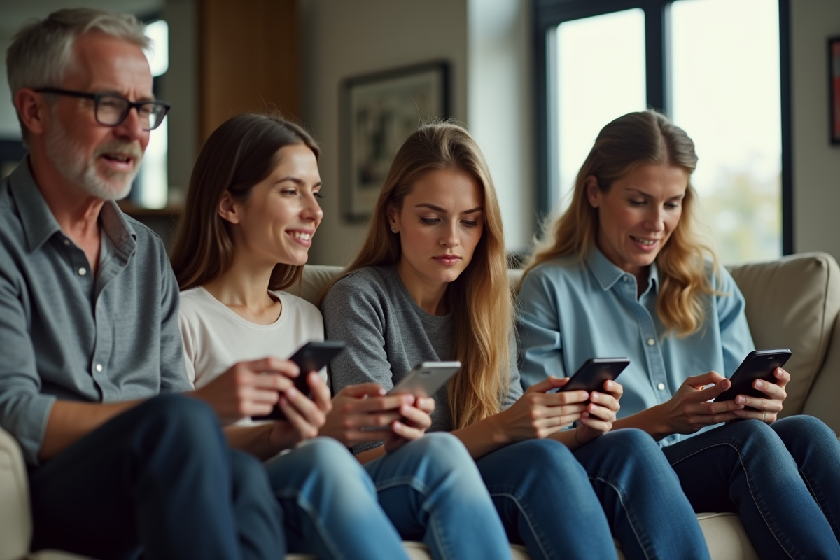 Groupe diversifié de personnes dans un salon moderne utilisant des appareils numériques