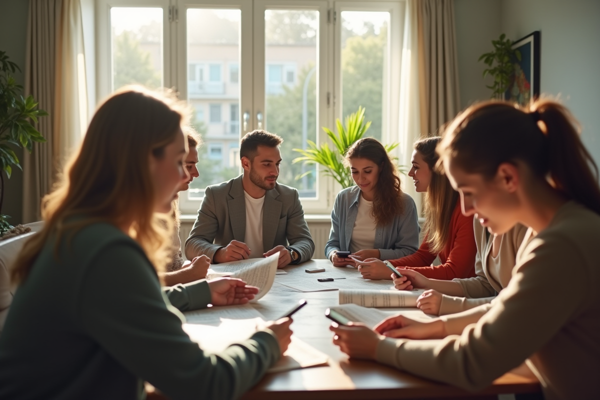 Groupe divers lisant journaux et smartphones dans un salon lumineux