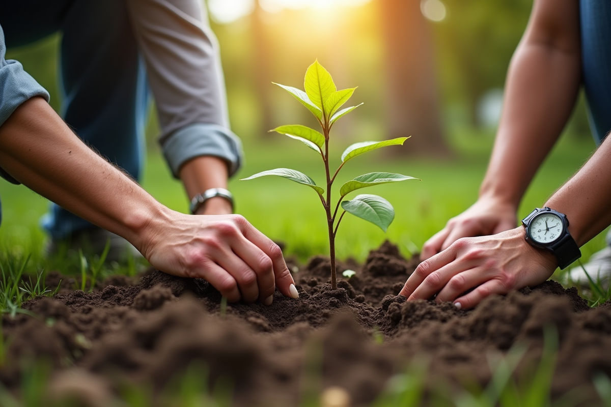 Groupe de personnes plantant des jeunes arbres dans un parc urbain ensoleille