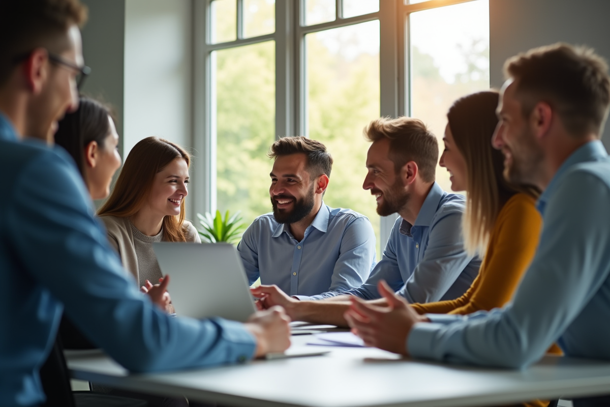 Groupe de professionnels discutant autour d'une table de bureau