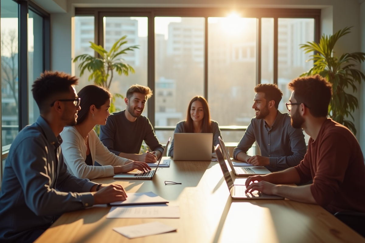 Groupe de professionnels collaborant dans un bureau lumineux