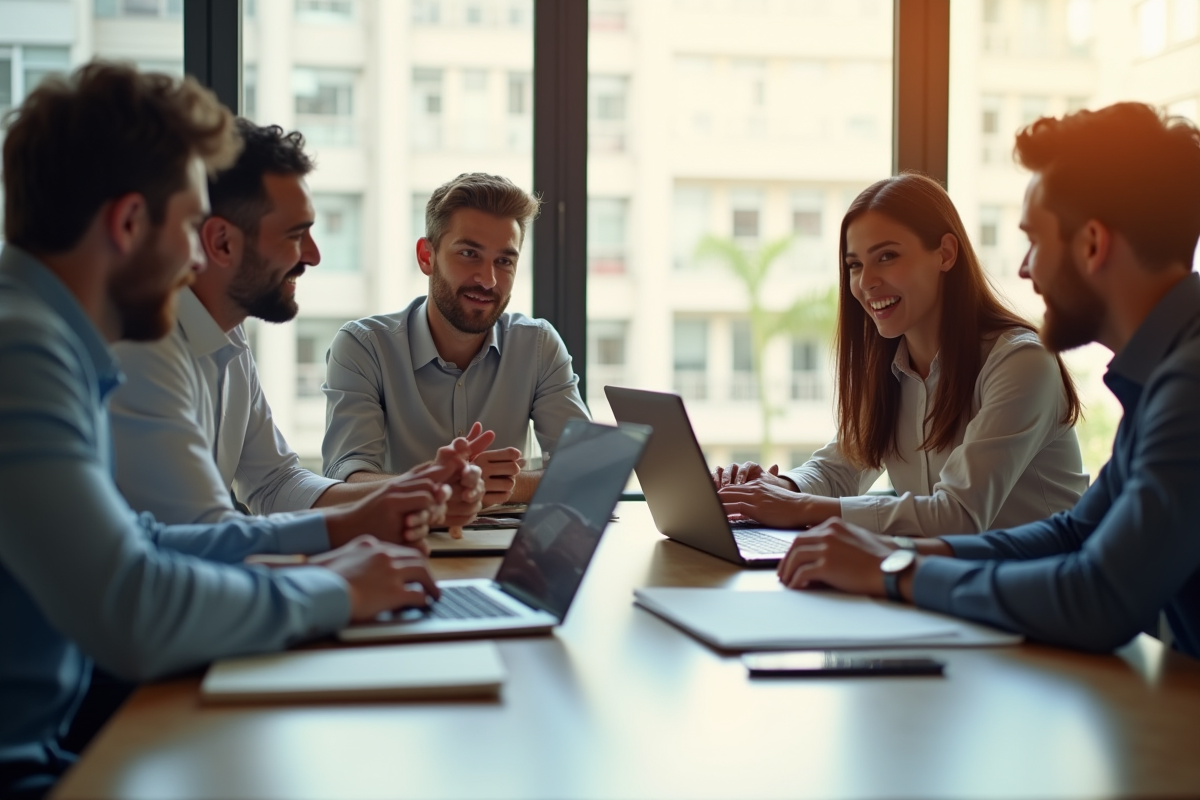 Groupe de professionnels collaborant dans un bureau lumineux