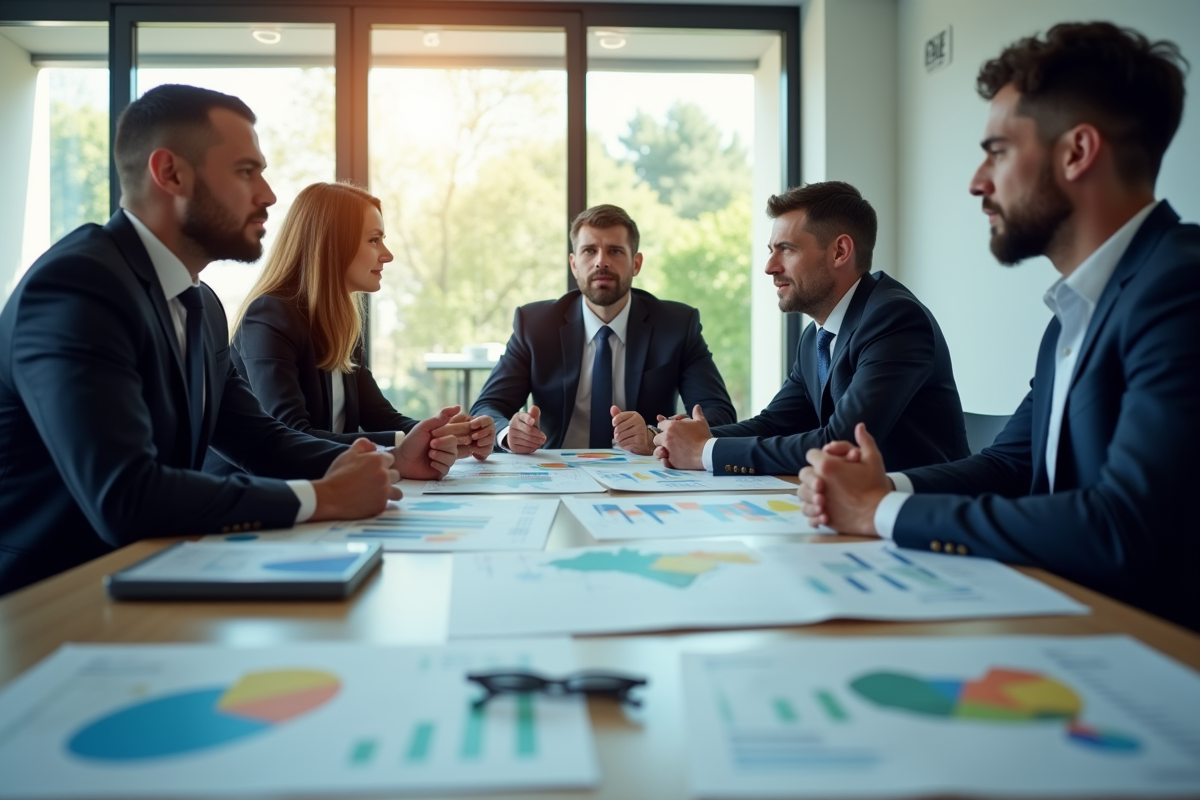 Groupe de professionnels analysant des cartes économiques régionales