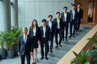 Groupe de professionnels dans un bureau moderne en escalier