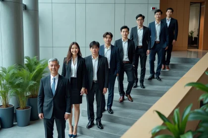 Groupe de professionnels dans un bureau moderne en escalier