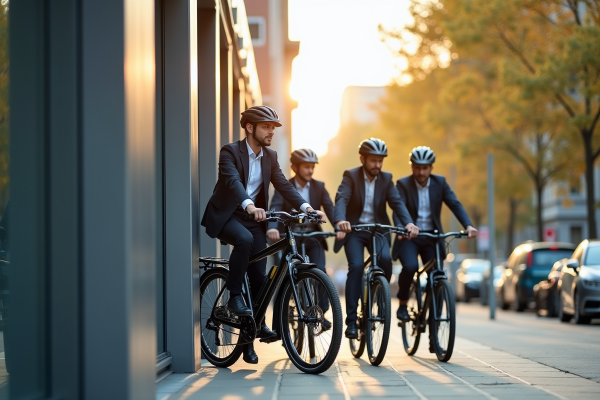Groupe de professionnels avec vélos devant un bâtiment moderne