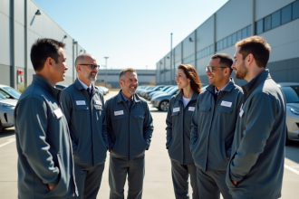 Groupe diversifié de travailleurs devant une usine automobile moderne