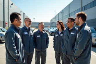 Groupe diversifié de travailleurs devant une usine automobile moderne