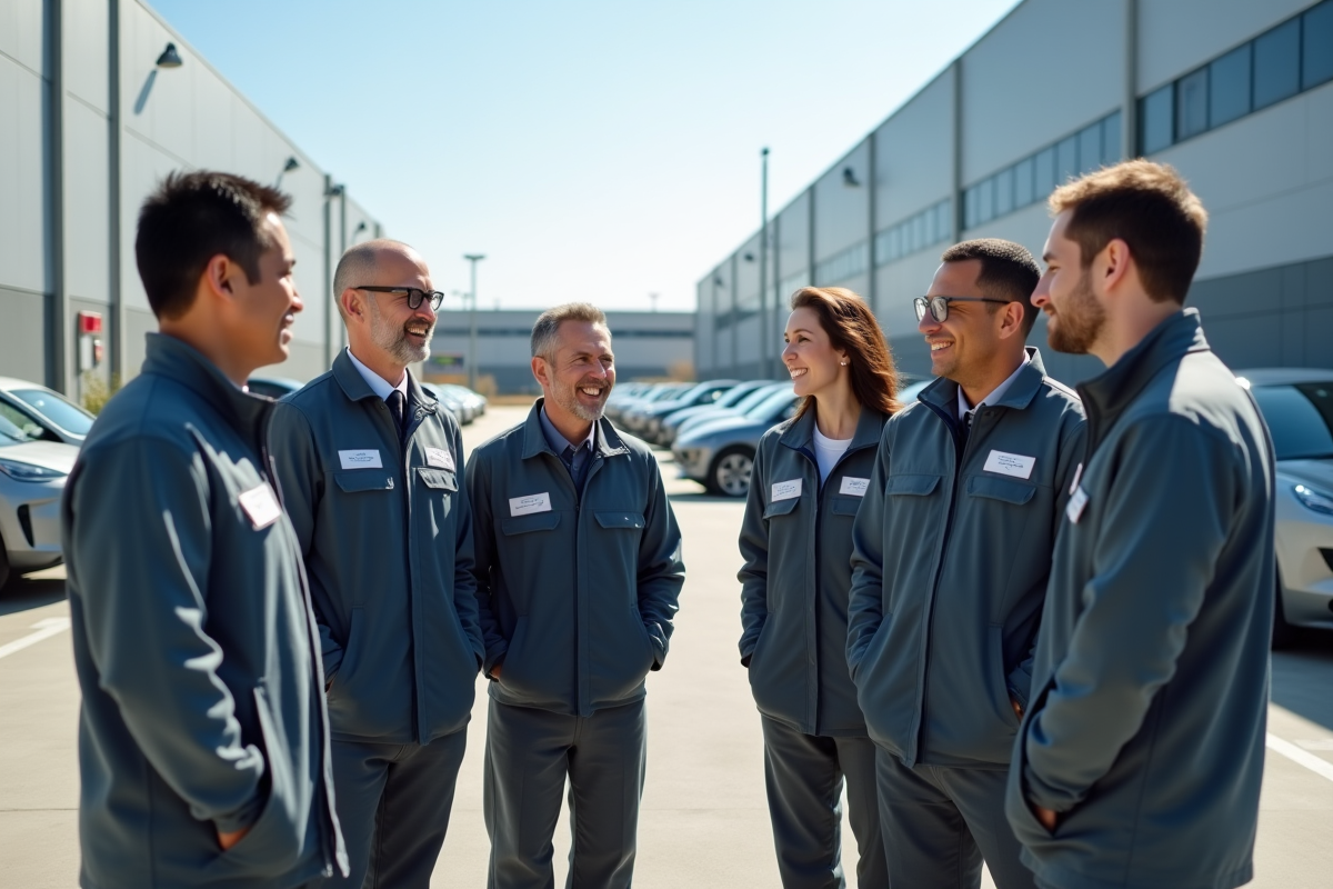 Groupe diversifié de travailleurs devant une usine automobile moderne