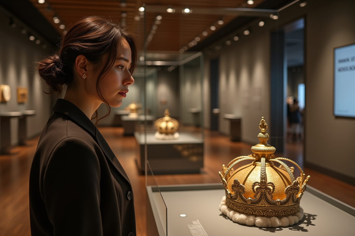 Jeune historienne examinant une couronne royale au musée