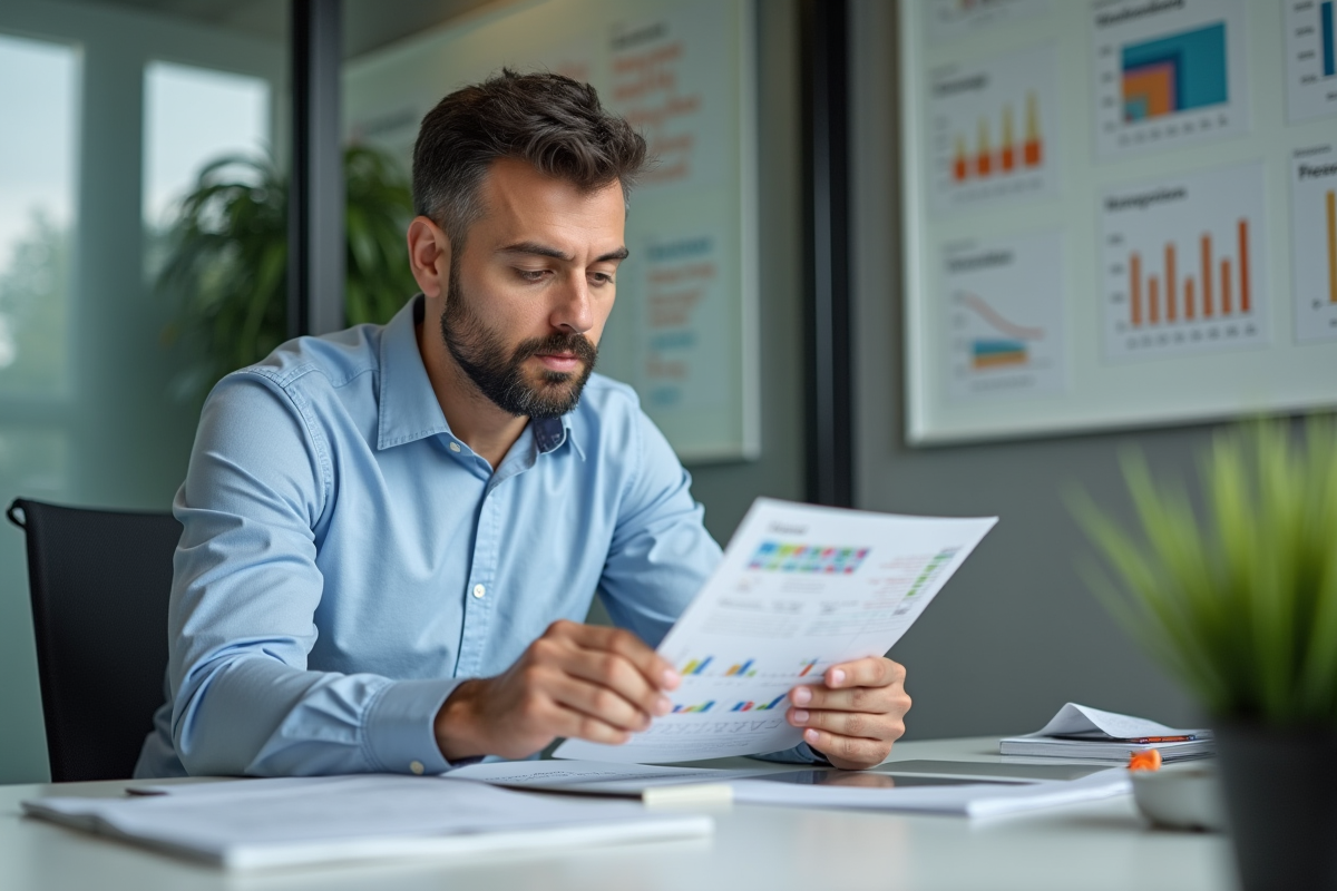 Homme d affaires en réunion avec documents et graphiques
