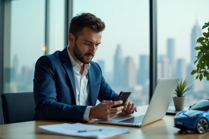 Homme professionnel utilisant une app crypto sur smartphone dans un bureau moderne