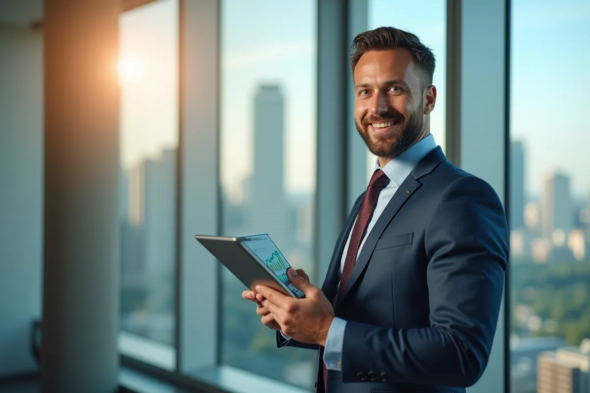 Homme d'affaires confiant dans son bureau moderne avec tablette