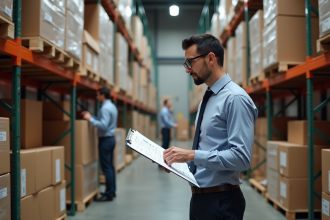 Homme d'âge moyen examinant des graphiques de distribution en entrepôt