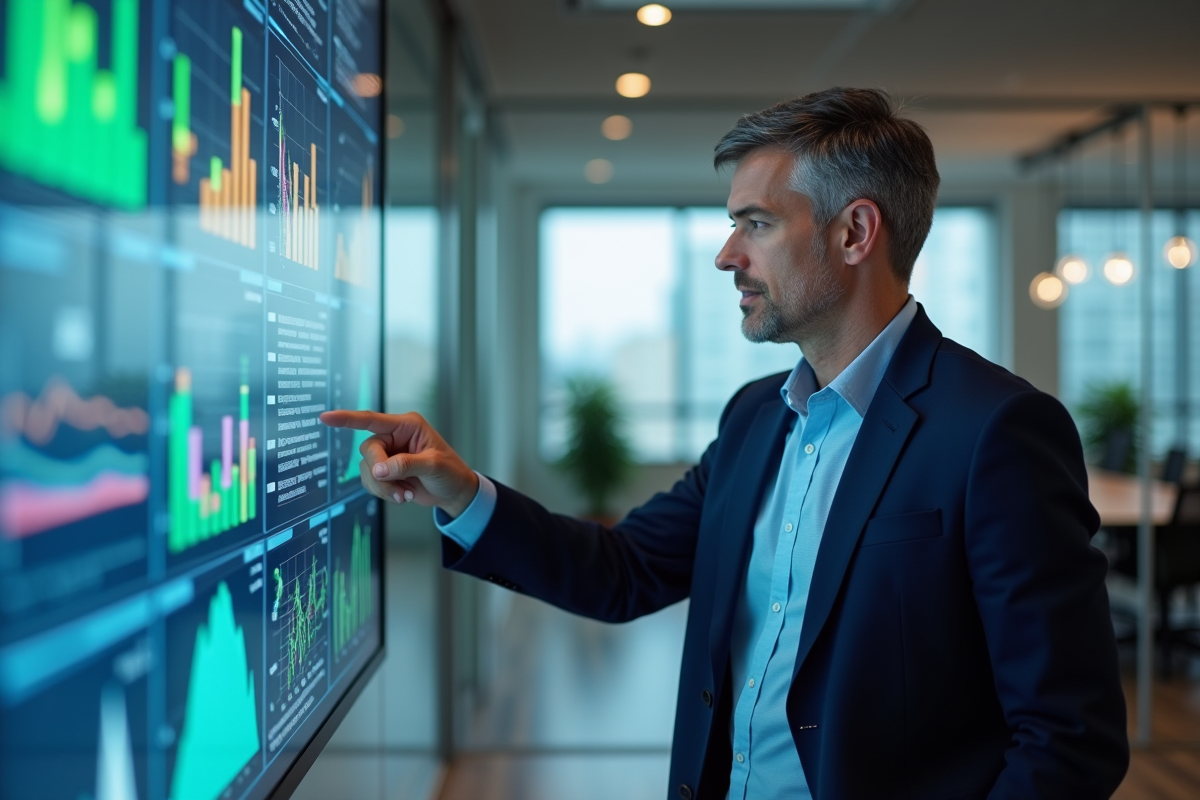 Homme expliquant des résultats devant un écran digital
