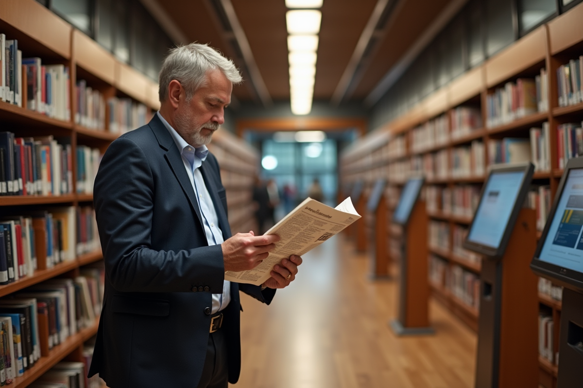 Homme lisant un journal dans une bibliothèque