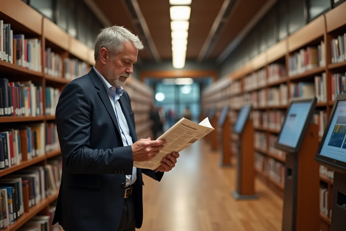 Homme lisant un journal dans une bibliothèque