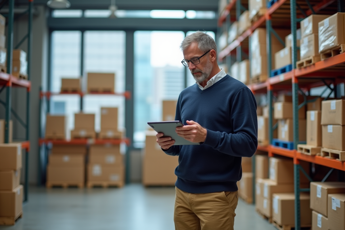 Homme inspectant des produits dans un entrepôt de commerce