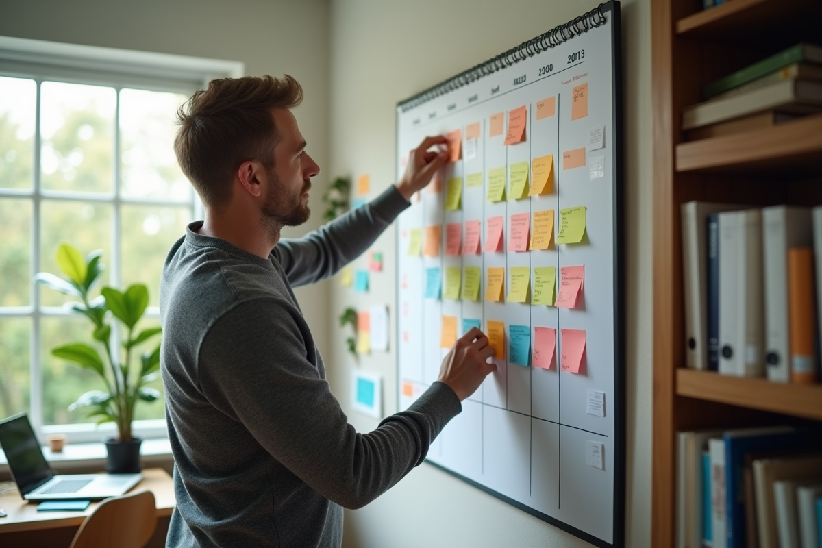 Homme arrangeant des notes colorées sur un calendrier mural
