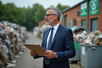 Homme en costume observant une usine de recyclage en extérieur