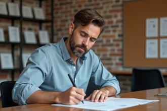 Homme d'âge moyen remplissant des formulaires de feedback communautaire