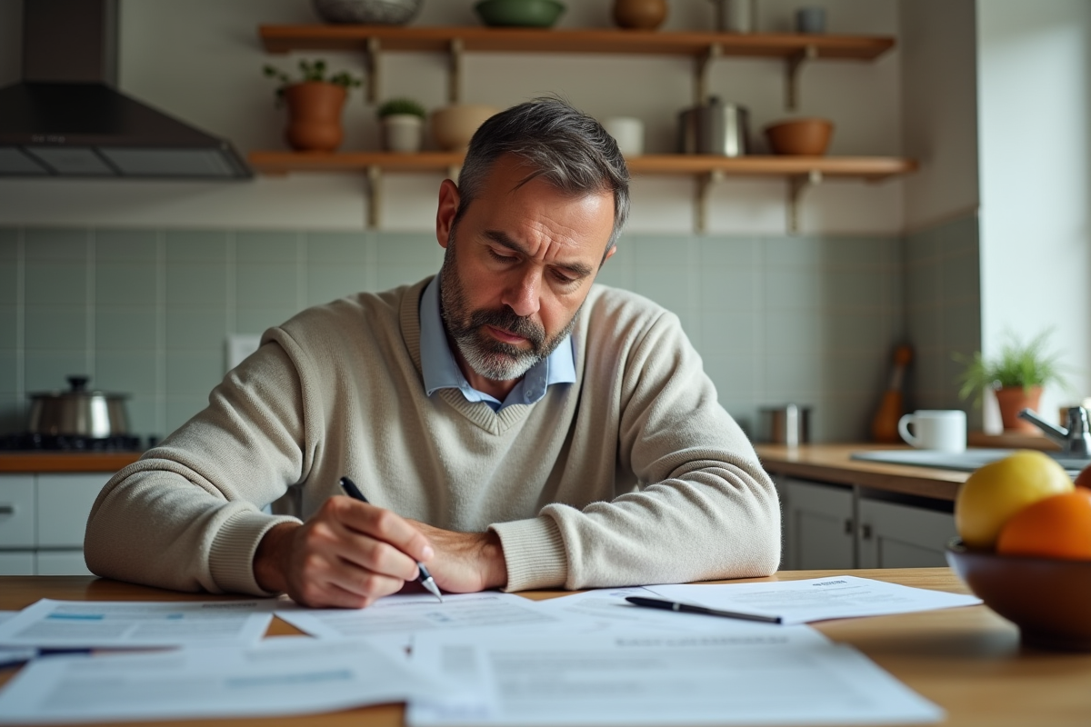 Homme d âge moyen vérifiant des papiers d assurance à la maison