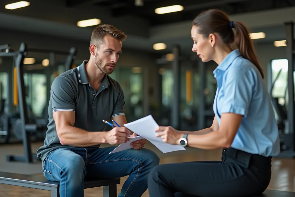 Homme signant des documents dans une salle de sport